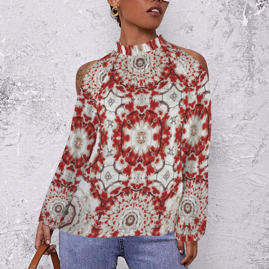 Long Slit Sleeve Blouse Red White Buffalo Berries