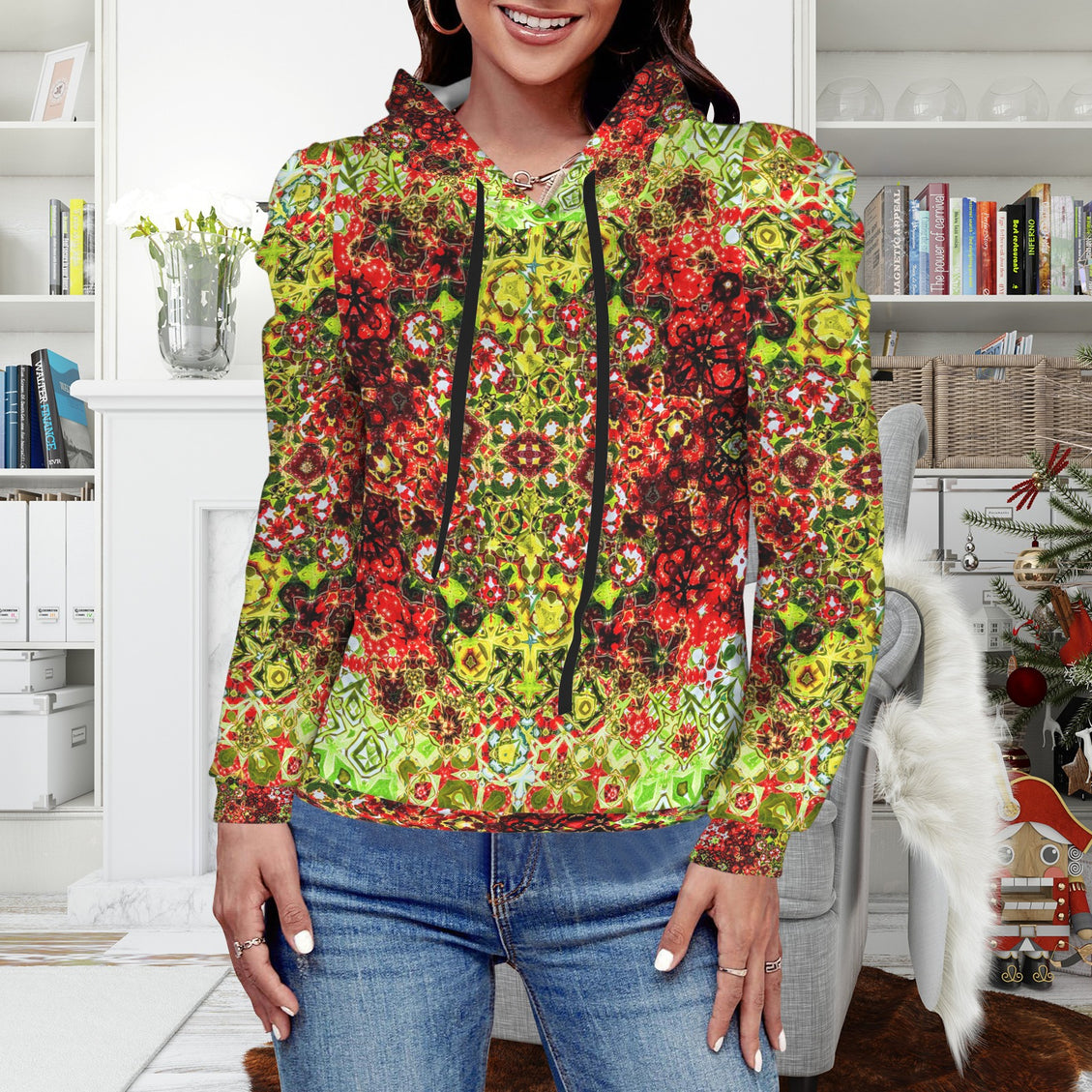 Puff Sleeve Hoodie Buffalo Berries Red Chartreuse