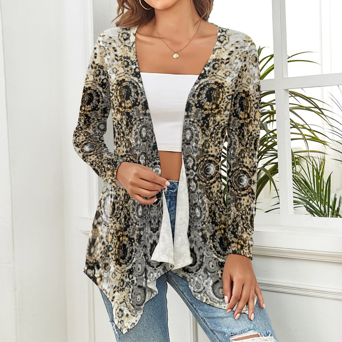 Knitted Cardigan Shimmering Feathers Taupe Gold Gray