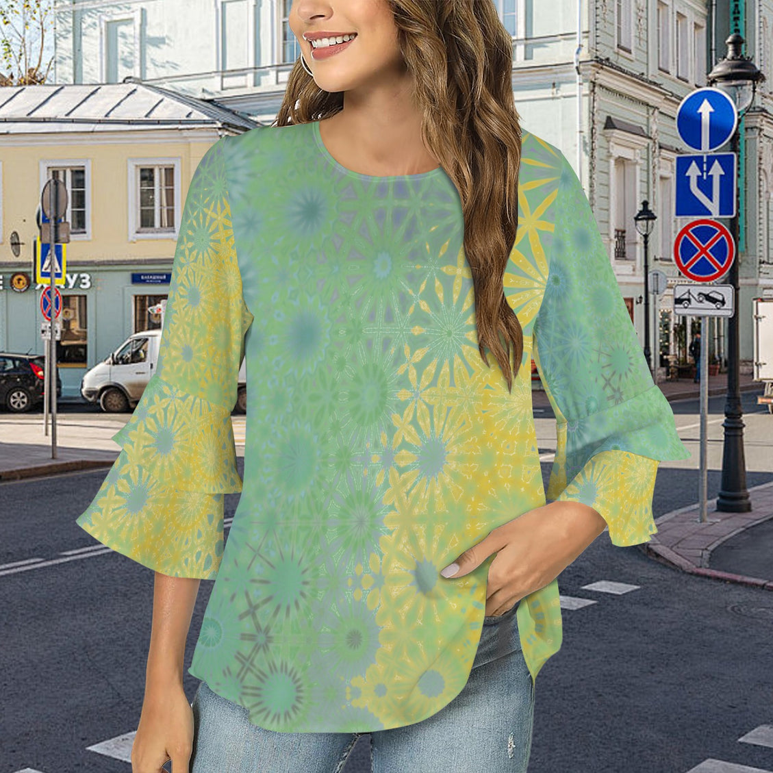 Layered Flare Sleeve Blouse Yellow Coneflowers Abstract