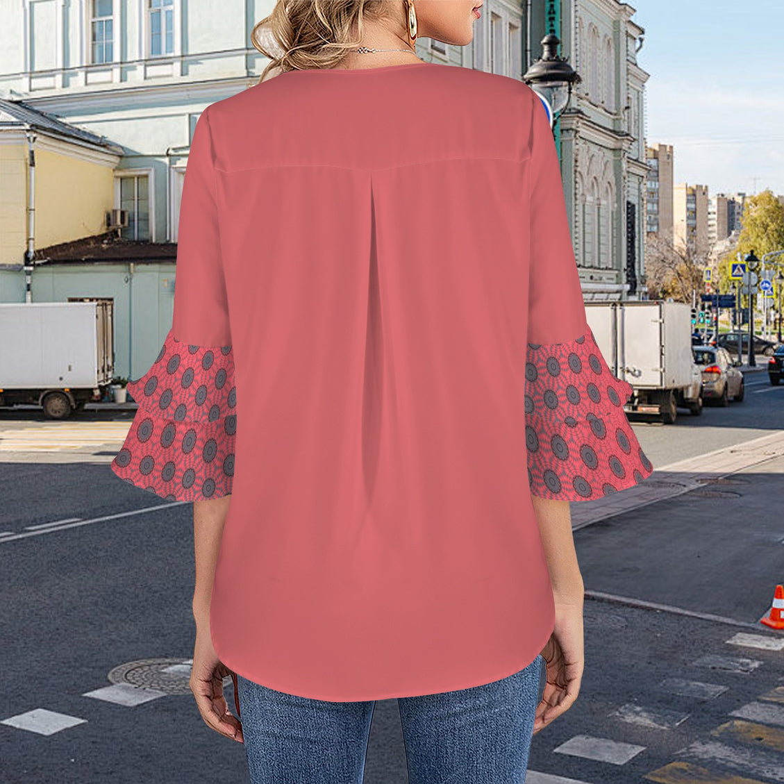 Layered Flare Sleeve Blouse Sunset Red