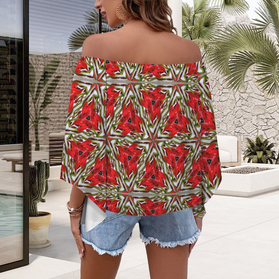 Trumpet Sleeve Blouse Tropical Red Flower