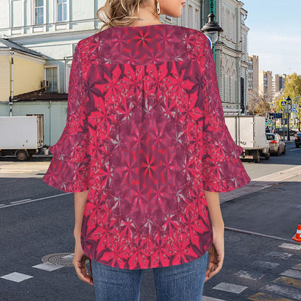 Layered Flare Sleeve Blouse Red Hollyhocks Windmill