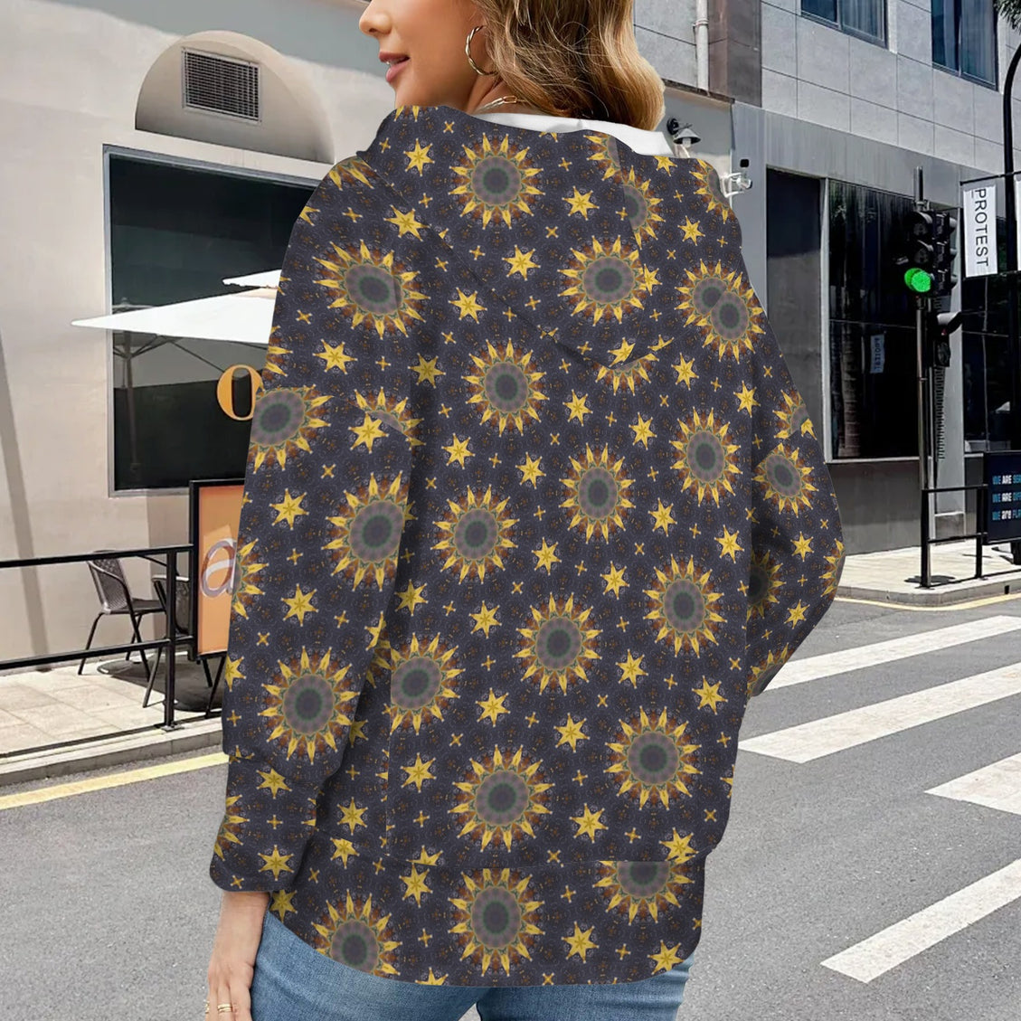 Hooded Pullover Sunflowers Purple Sunset