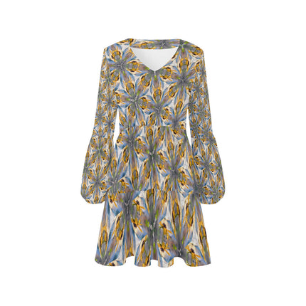 V Neck Flowy Dress Sunflower Lakeside Sunset Geometric