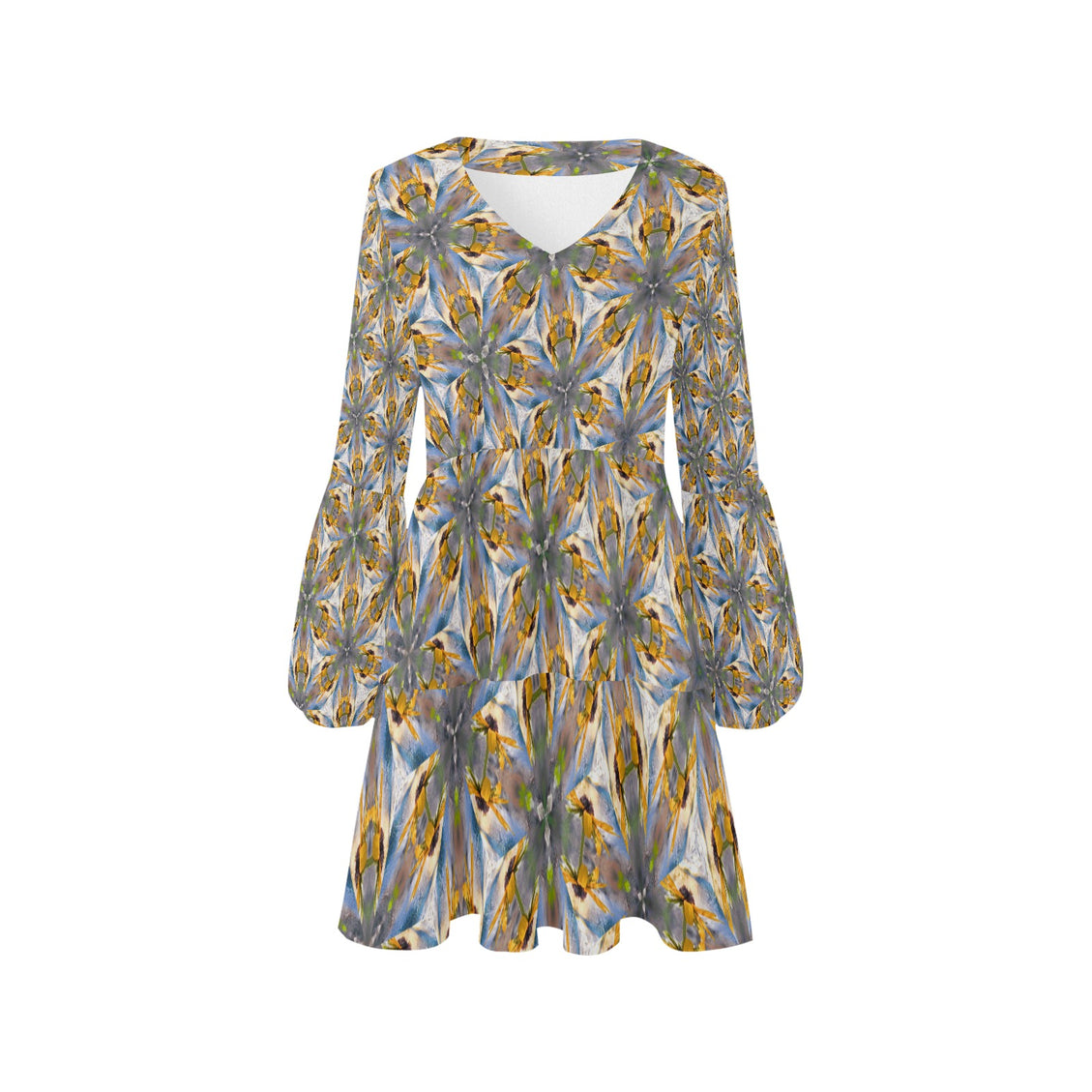 V Neck Flowy Dress Sunflower Lakeside Sunset Geometric