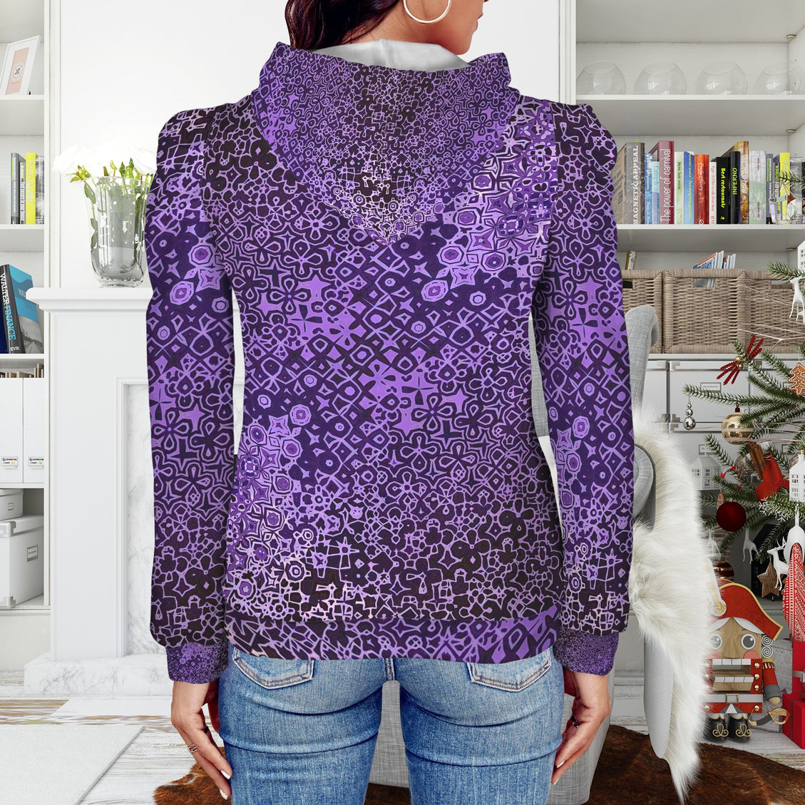 Puff Sleeve Hoodie Purple Black Graphic