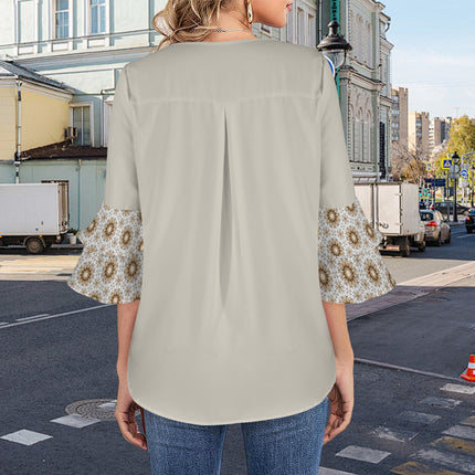 Flare Sleeve Blouse Shimmering Feathers Gold Taupe Gray