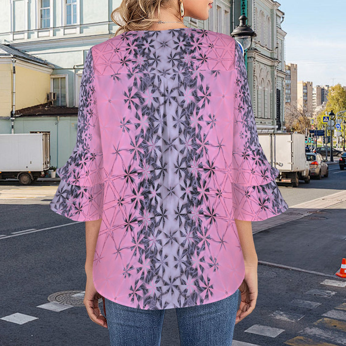 Layered Flare Sleeve Blouse Summerville Sunset Pink and Lavendar