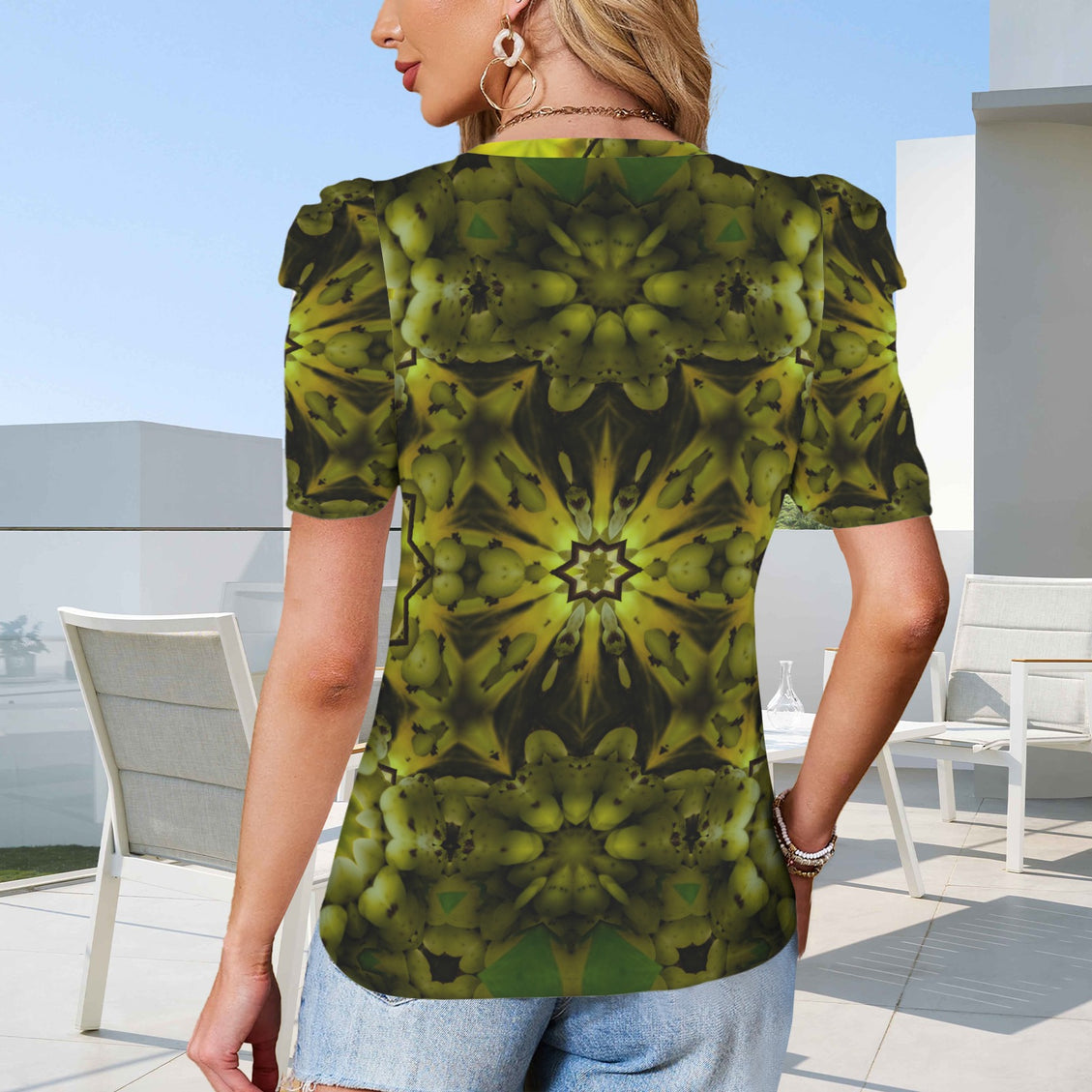 Puff Sleeve T-Shirt Forest Spearfish Canyon Geometric