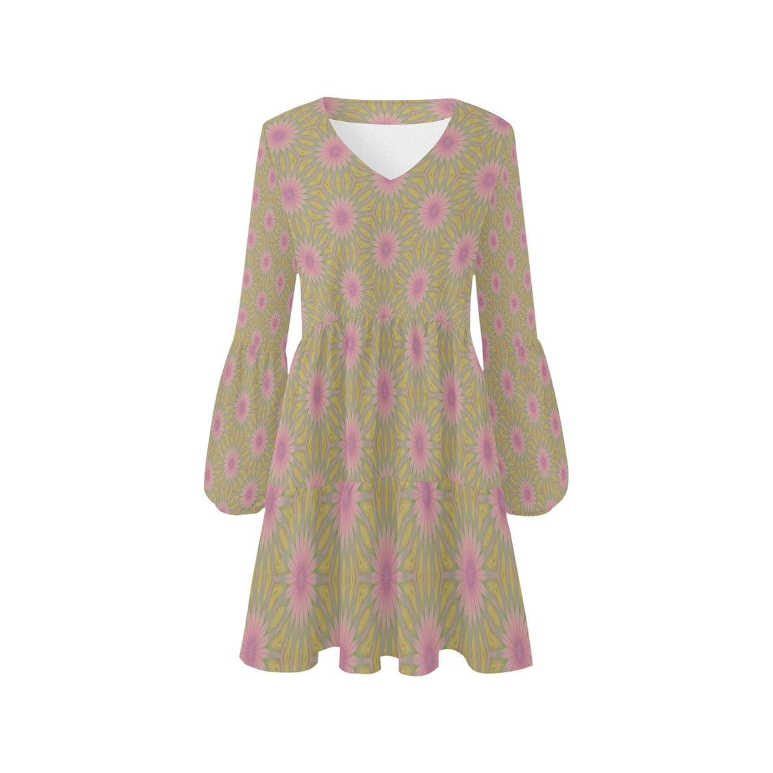 V Neck Flowy Dress Pink Coneflowers Taupe