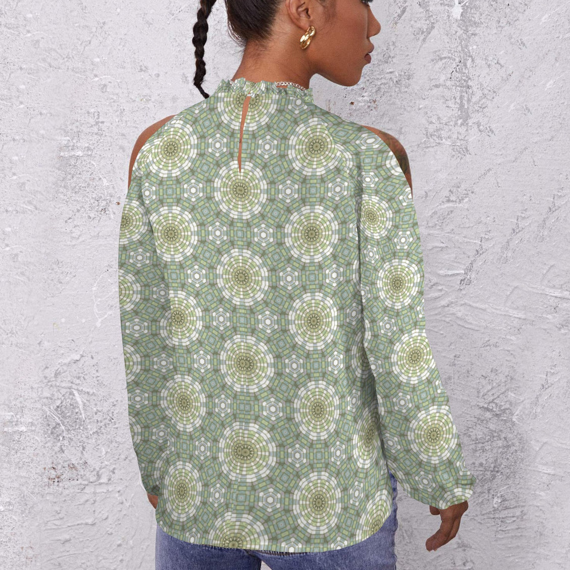 Long Slit Sleeve Blouse Green Yellow Carnival Tile