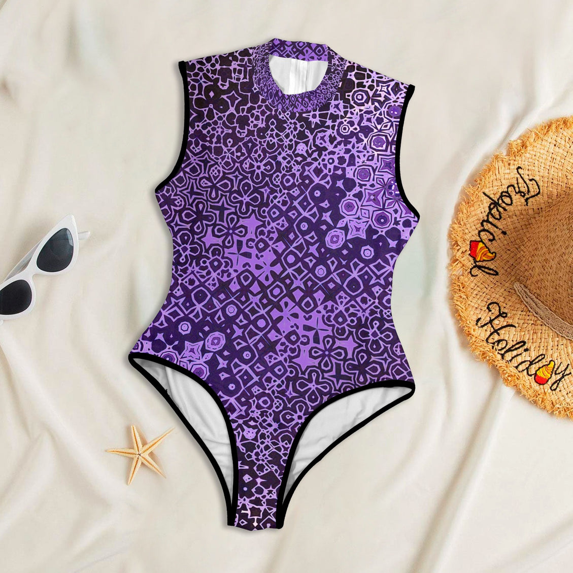 One PIece Back Zip Paddlesuit Purple and Black Abstract