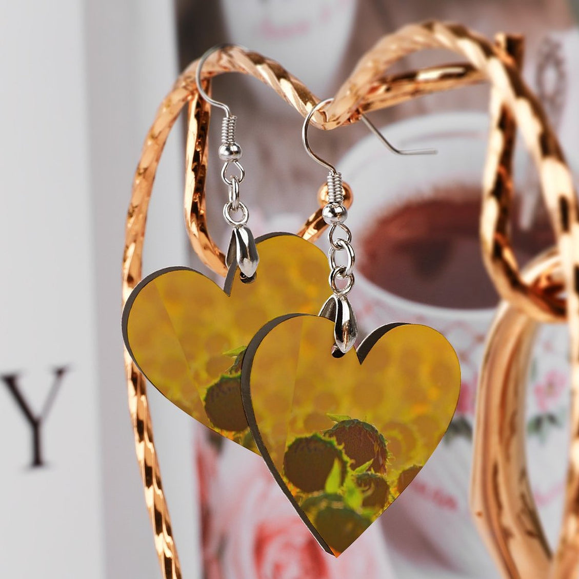 Wooden Heart Earrings Golden Sunflowers
