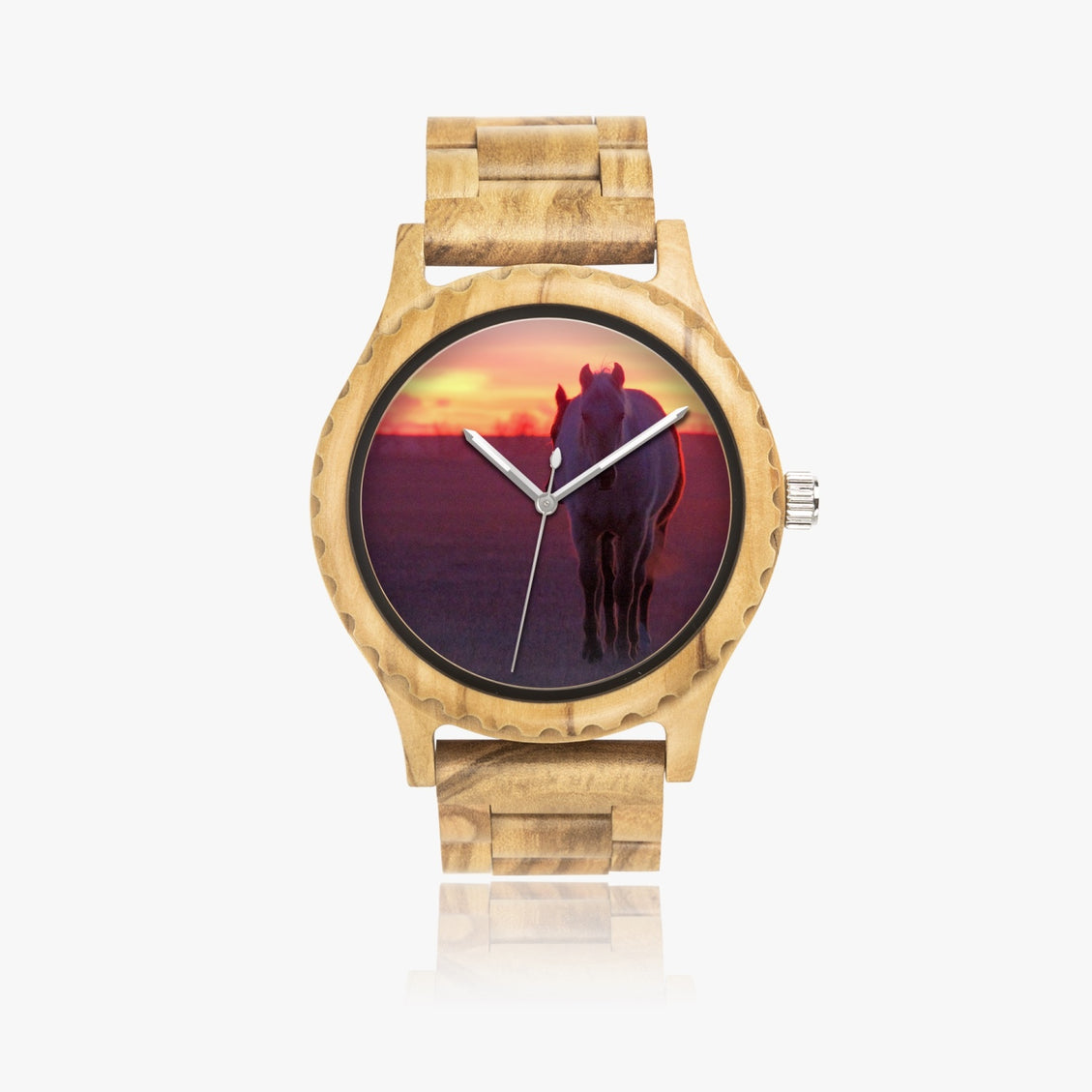 Wooden Watch Italian Olive Horses Sunrise 9 Mile Road Single File