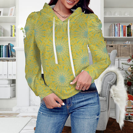 Puff Sleeve Hoodie Chartreuse and Blue Geometric