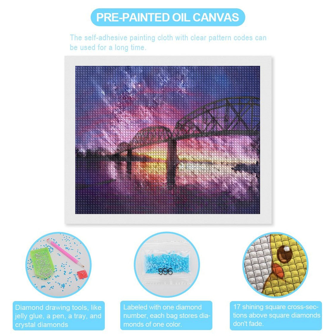 Design Diamond Painting 20"×16"(Horizontal) Sunset on the Train Bridge Missouri River