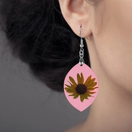 Wooden Oval Earrings Wild Sunflower Pink