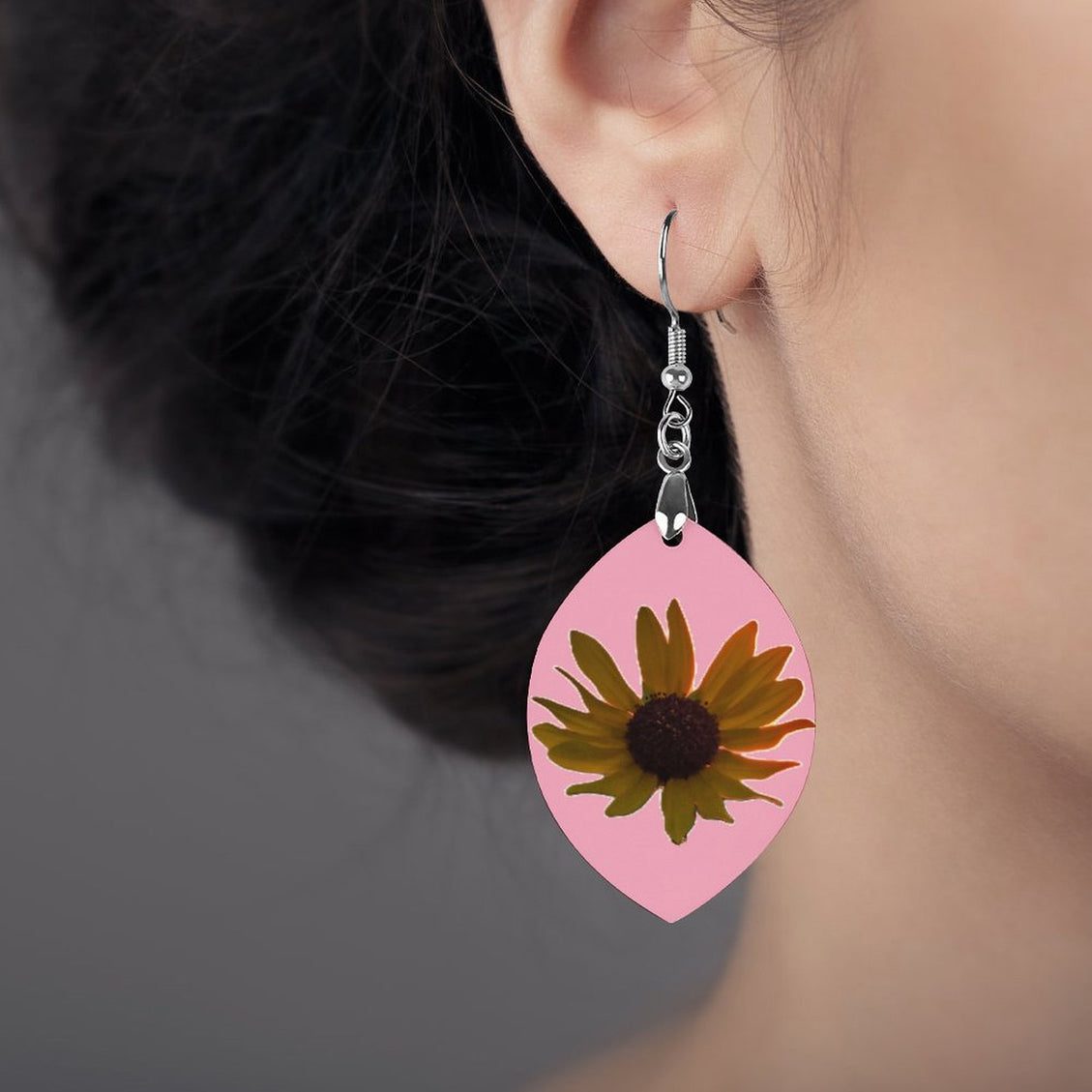 Wooden Oval Earrings Wild Sunflower Pink