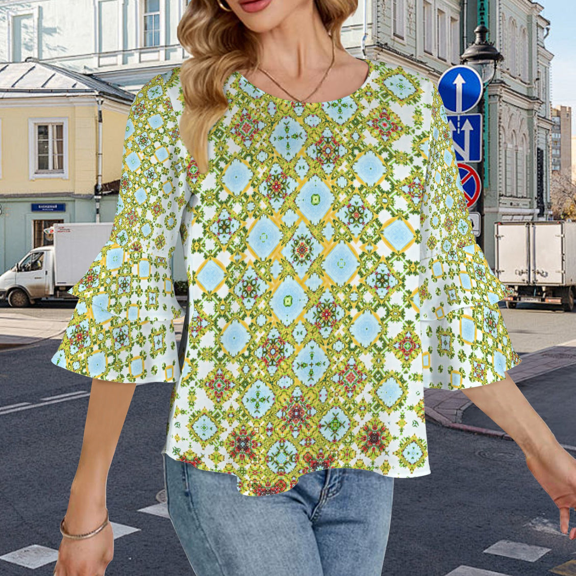 Layered Flare Sleeve Blouse Buffalo Berries Green Red Blue
