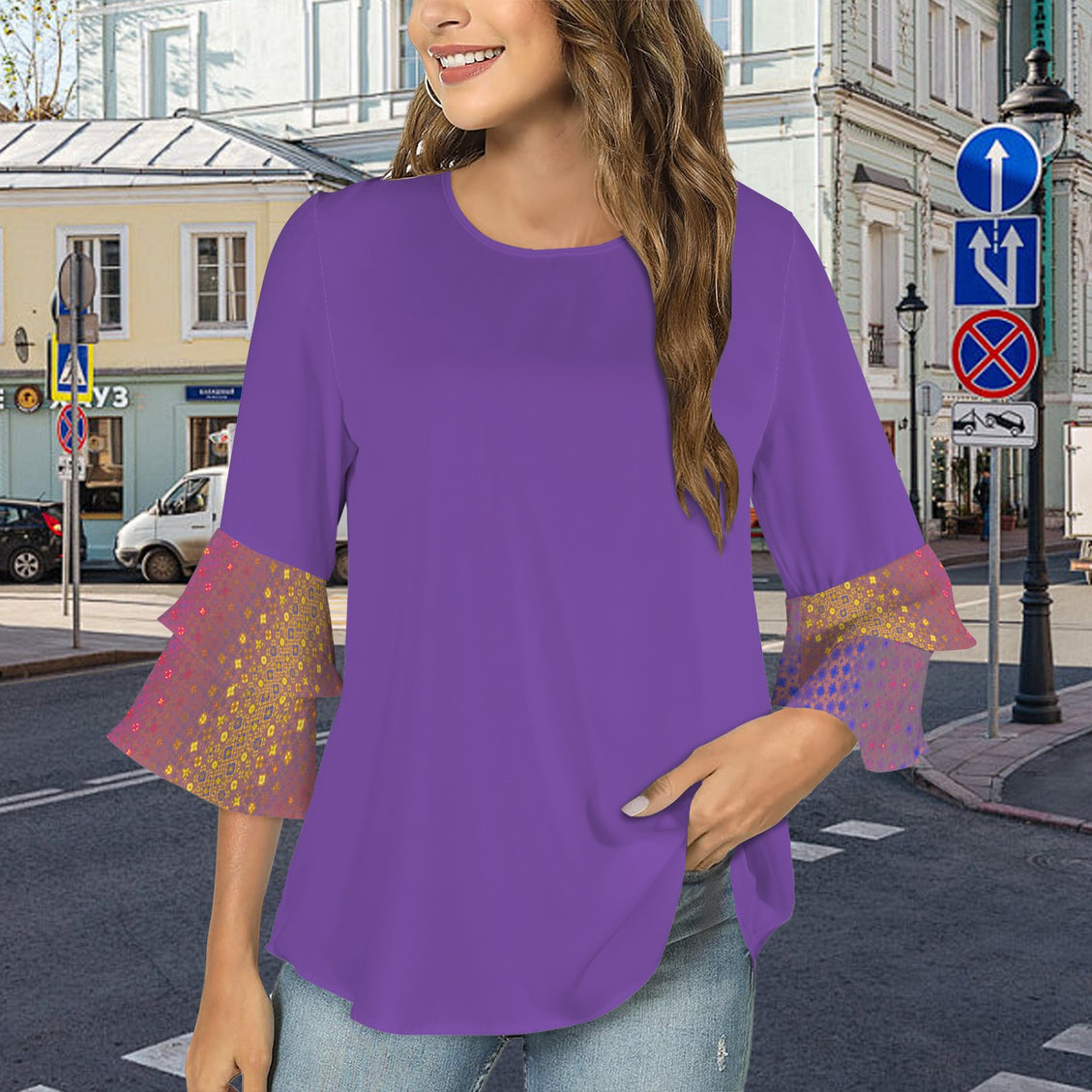 Layered Flare Sleeve Blouse Purple Festive