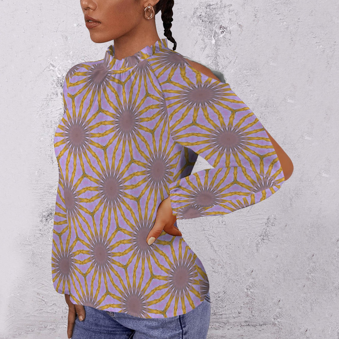 Long Slit Sleeve Blouse Lavendar Gold Flower