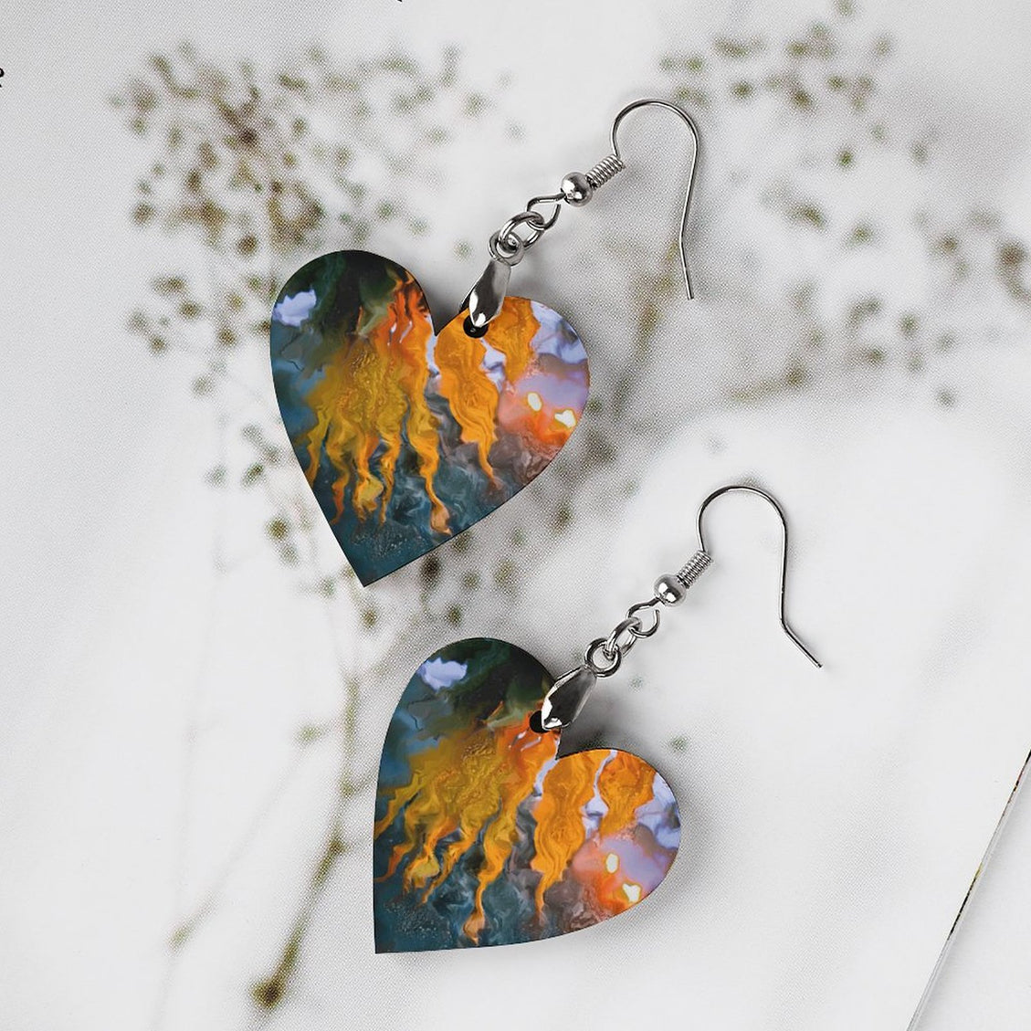 Wooden Heart Earrings Sunflower in Headlights