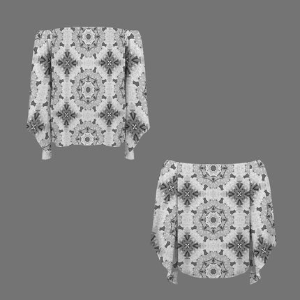 Trumpet Sleeve Blouse Black White and Gray Graphic