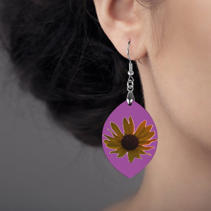 Wooden Oval Earrings Wild Sunflower Fuchsia