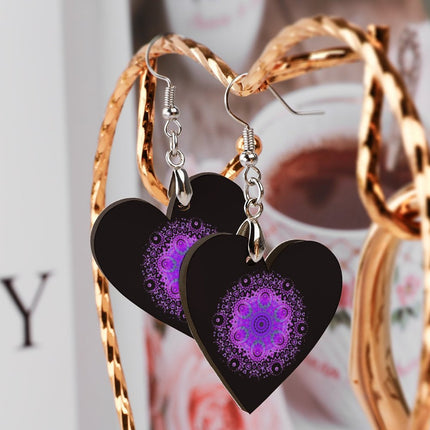 Wooden Heart Earrings Purple Mandela on Black