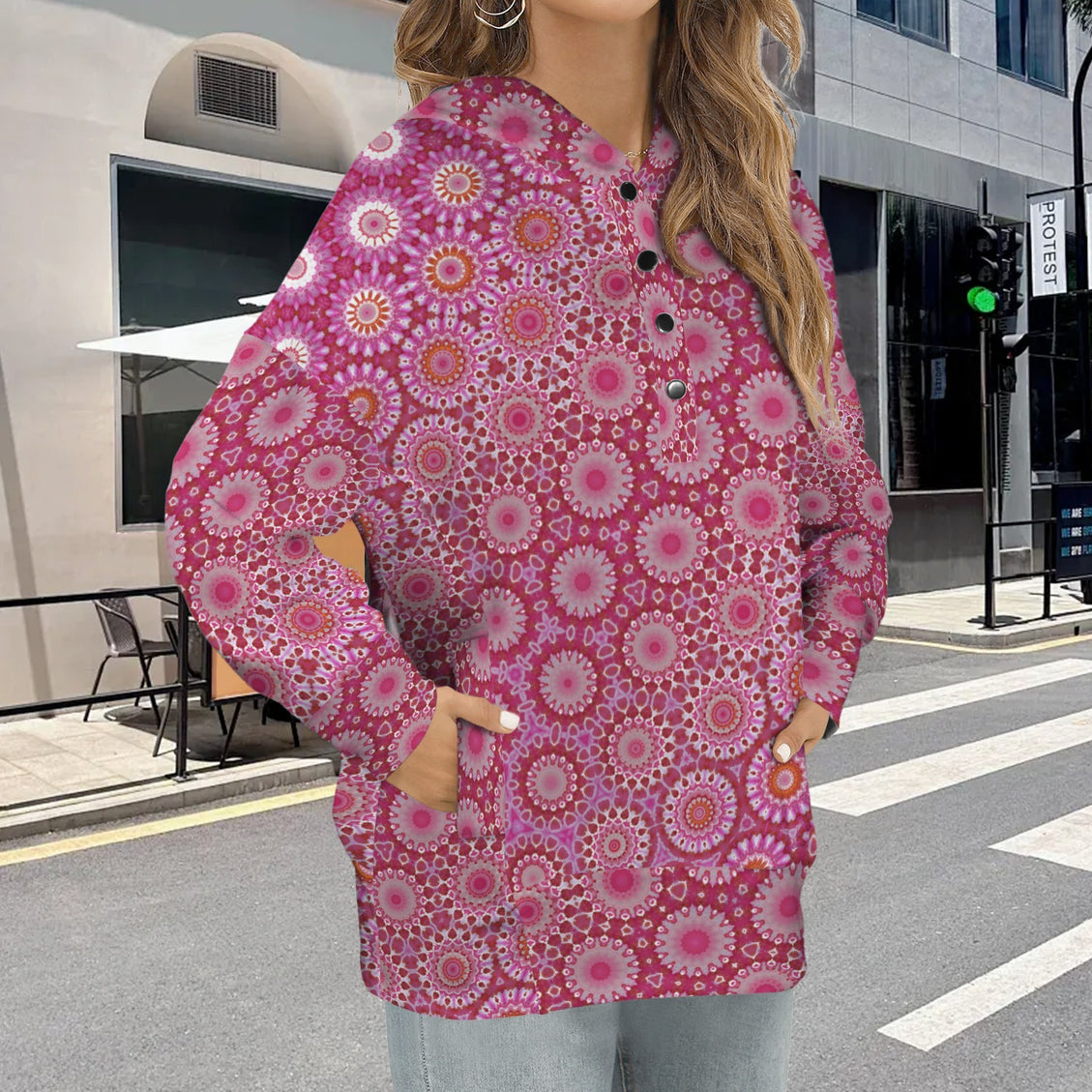 V Neck Pocket Hoodie Raspberry Swirl