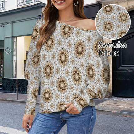 Batwing Long Sleeve Sweater Shimmering Feathers Gold Taupe Gray