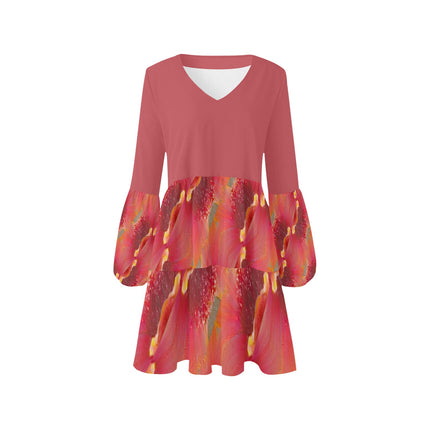 V Neck Flowy Dress Indian Blanket Flower Coral Pink