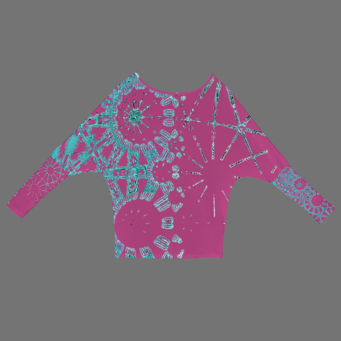 Batwing Long Sleeve Top Cranberry and Turquoise Graphic