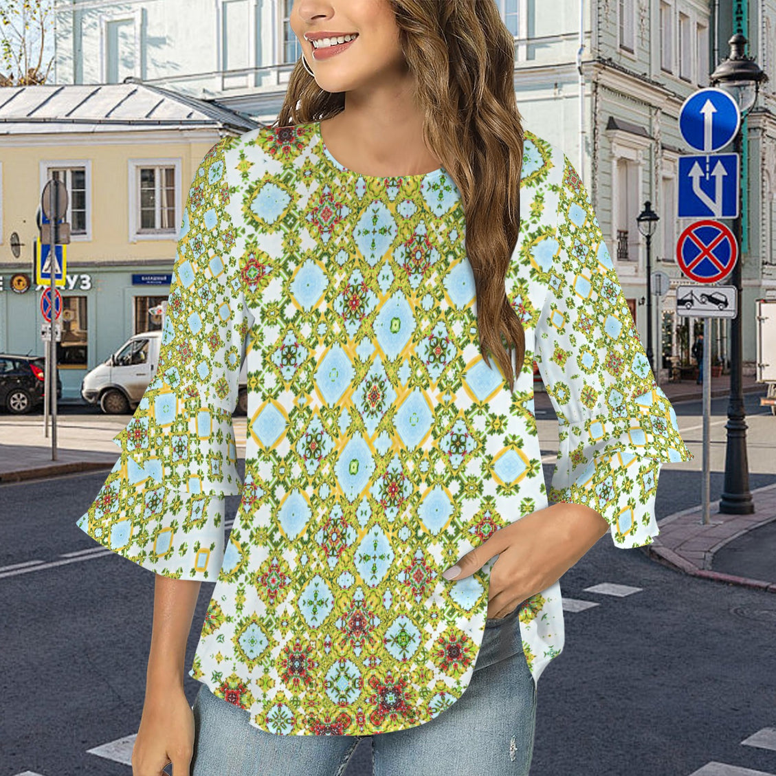 Layered Flare Sleeve Blouse Buffalo Berries Green Red Blue