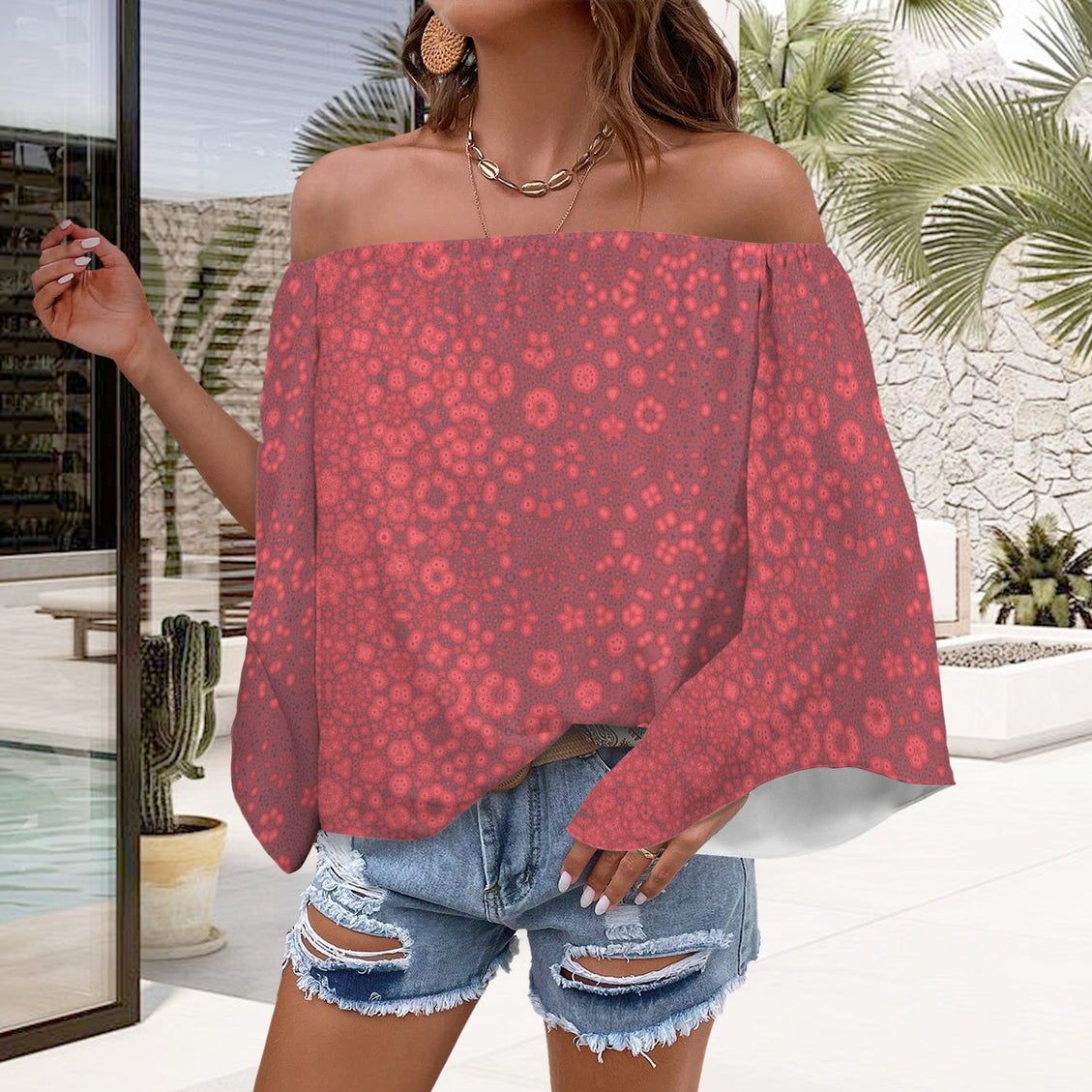 Trumpet Sleeve Blouse MIlkweed Abstract Red