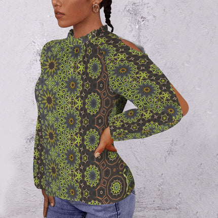 Long Slit Sleeve Blouse Green Brown Geometric