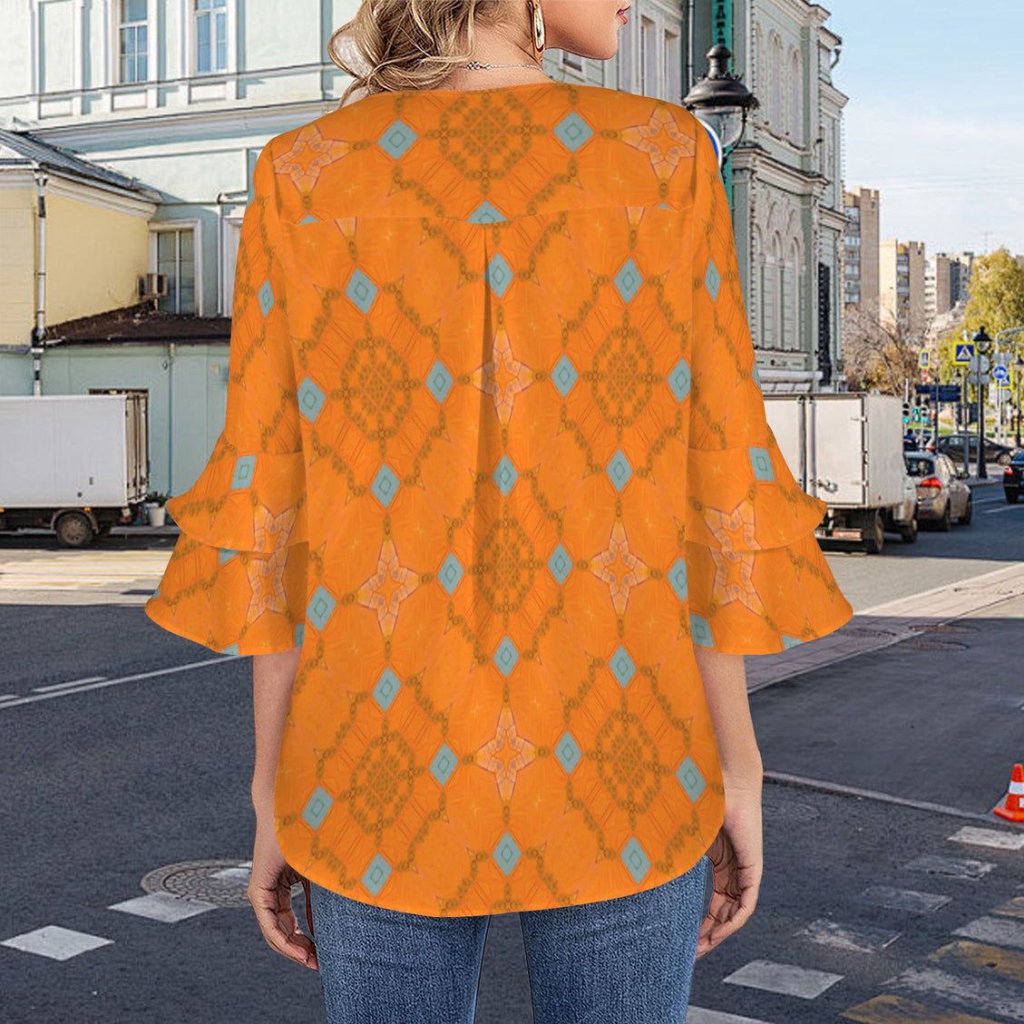 Flare Sleeve Blouse Butterfly Orange and Blue