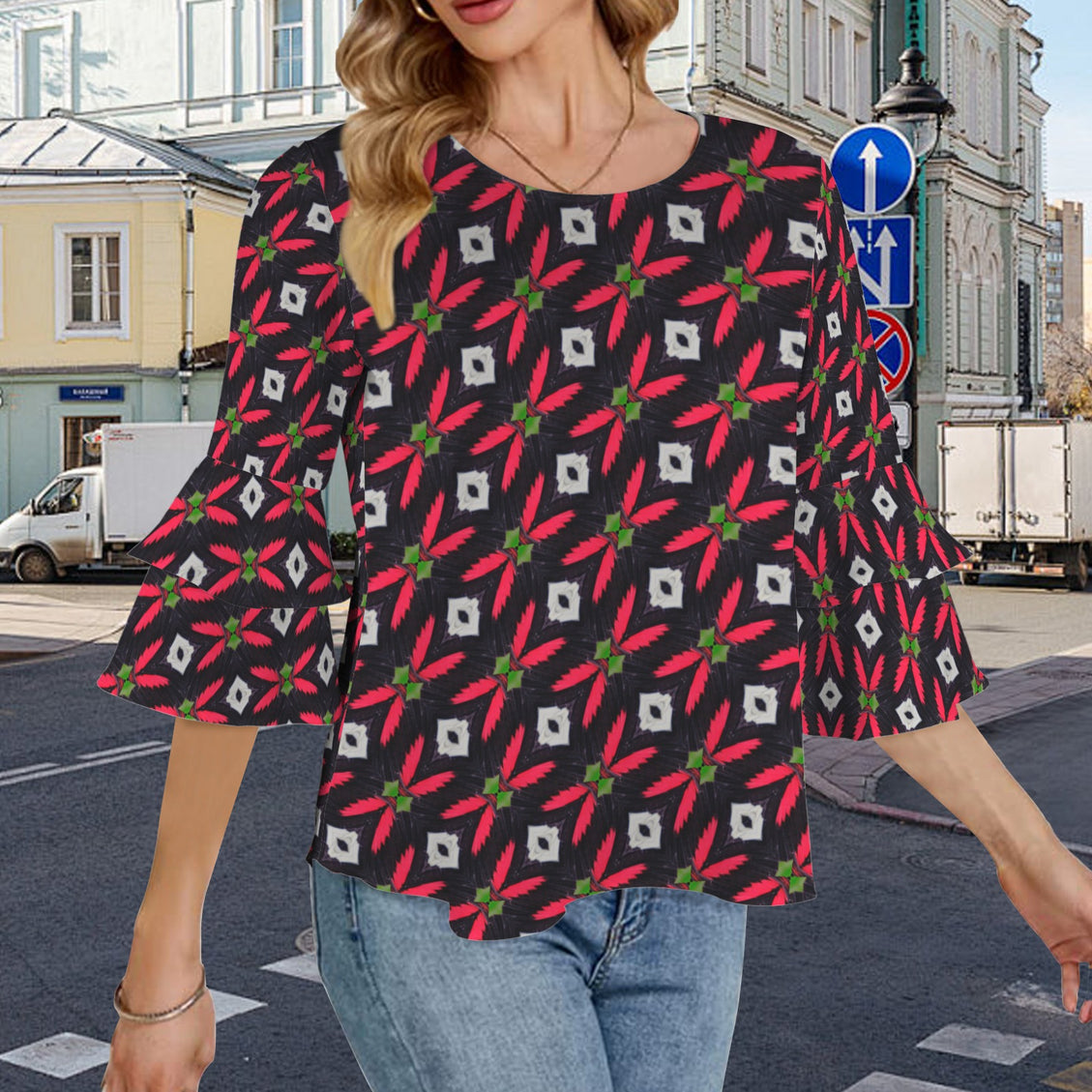 Flare Sleeve Blouse Butterfly Red and Black