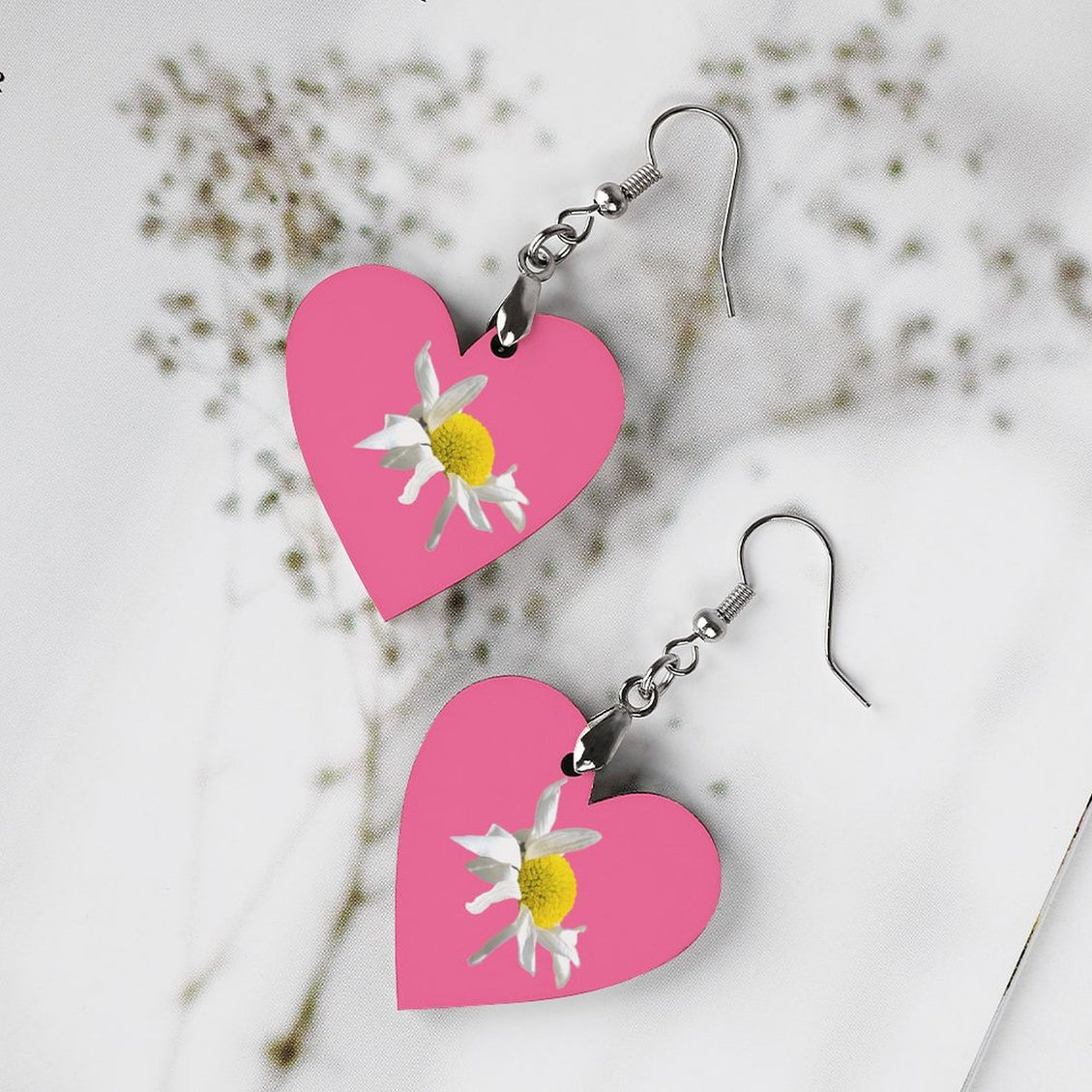 Wooden Heart Earrings Daisy Pink
