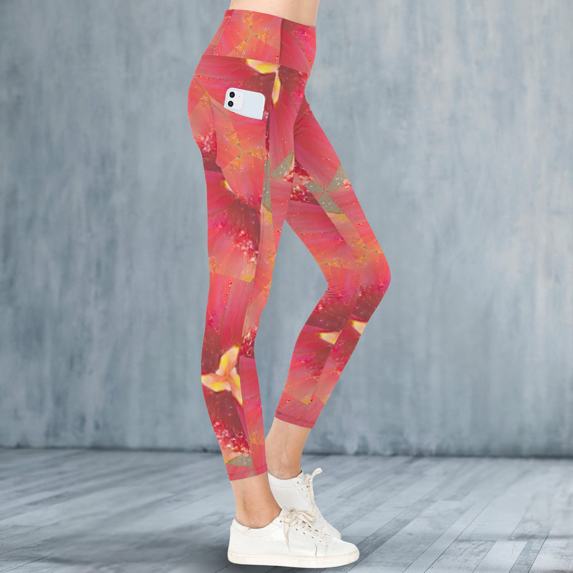 High Waist Pockets Yoga Leggings Pink Wildflowers