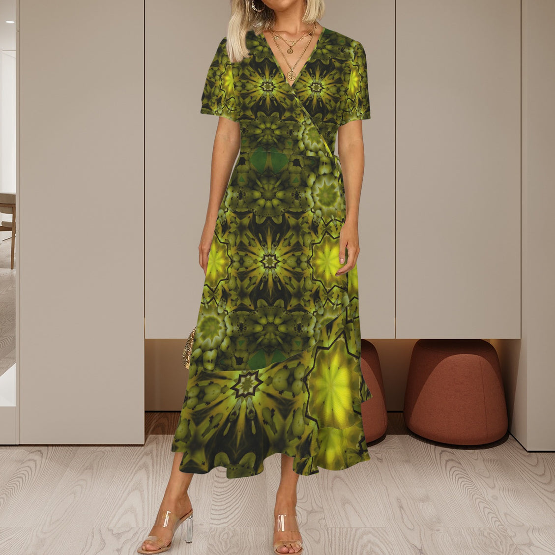 V Neck Wrap Maxi Dress Spearfish Canyon Forest