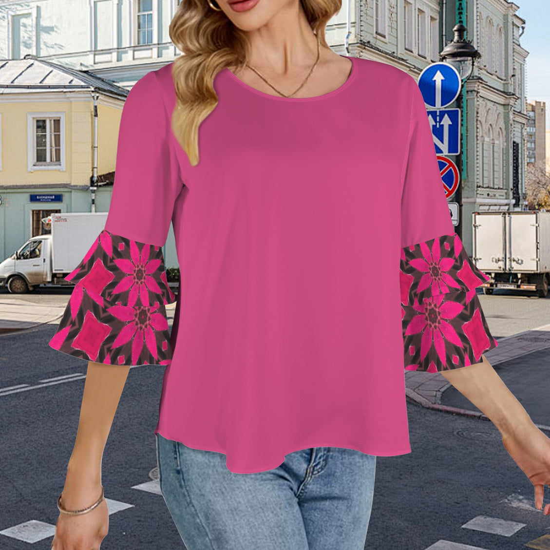 Layered Flare Sleeve Blouse Fuchsia Red Leaves