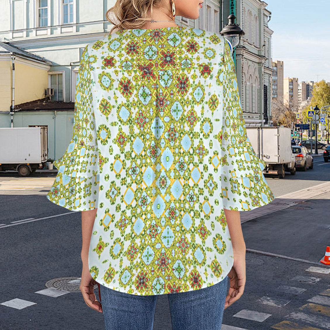 Layered Flare Sleeve Blouse Buffalo Berries Green Red Blue