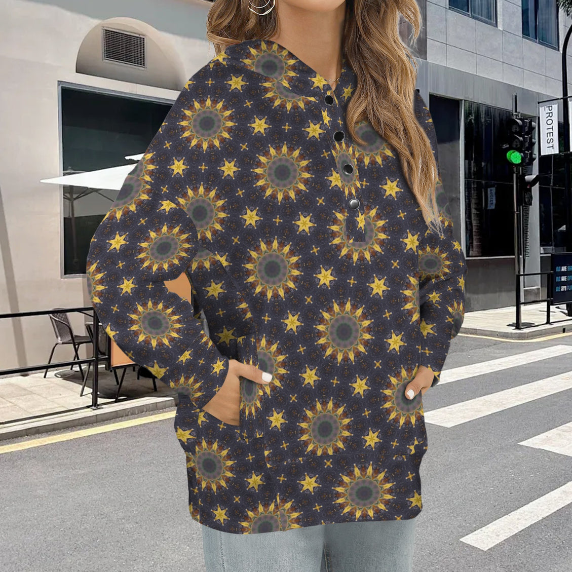 Hooded Pullover Sunflowers Purple Sunset