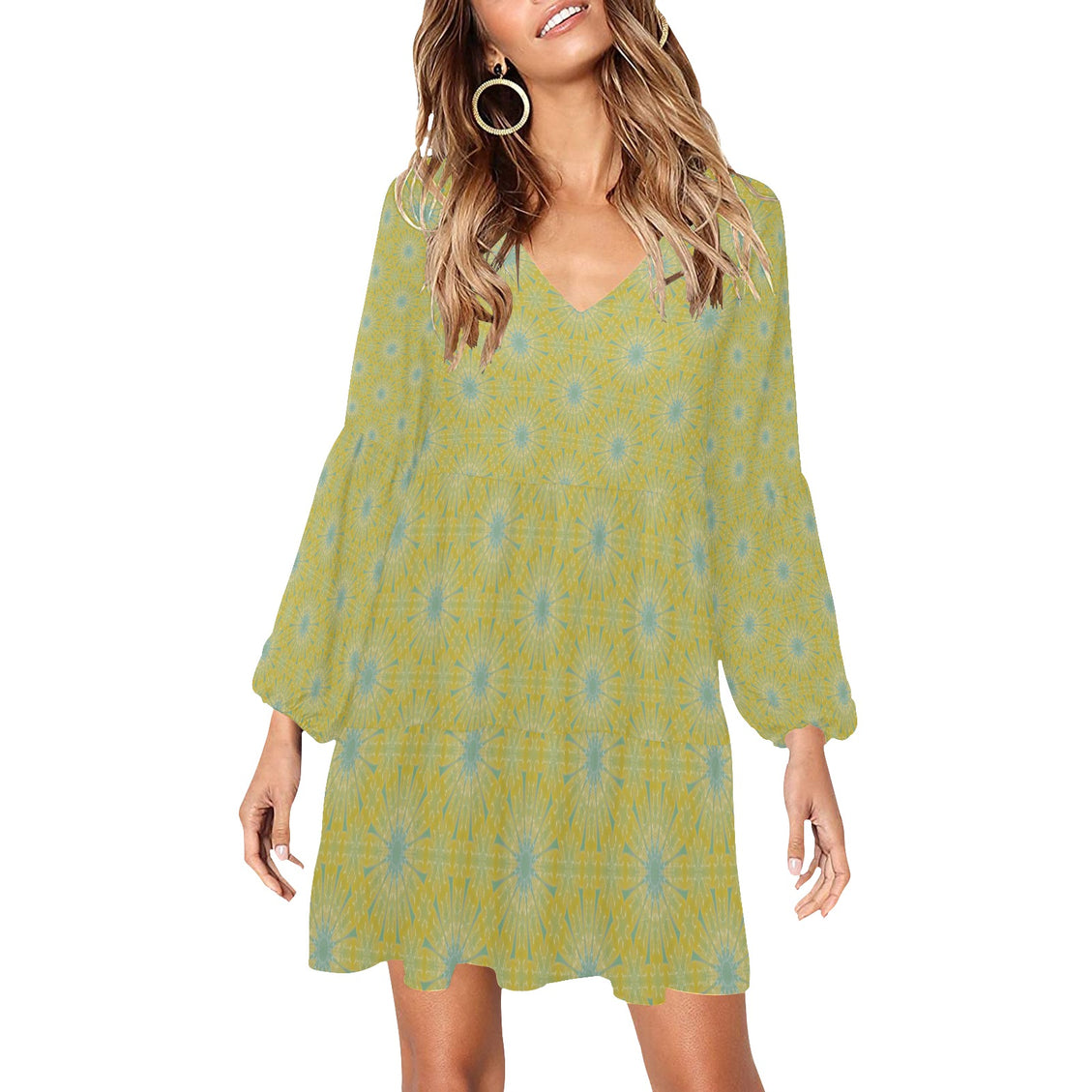 V Neck Flowy Dress Yellow Coneflowers Blue Green