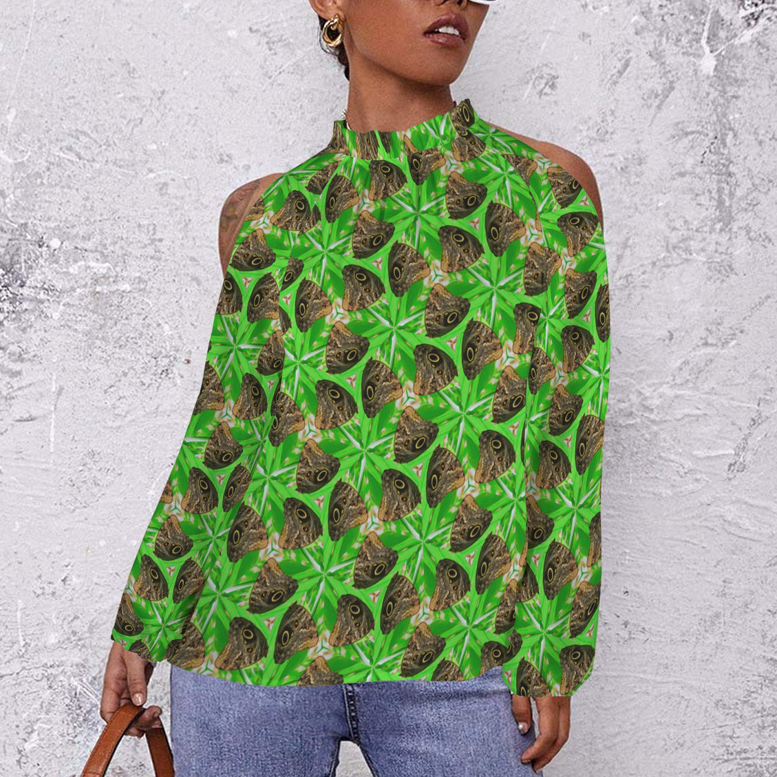 Long Slit Sleeve Blouse Brown Butterfly on Green