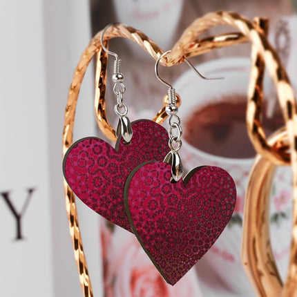 Wooden Heart Earrings Red Leaves