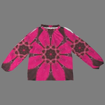 Long Slit Sleeve Blouse Red Leaves Fuchsia Black