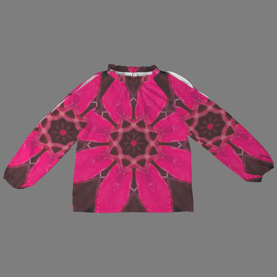 Long Slit Sleeve Blouse Red Leaves Fuchsia Black